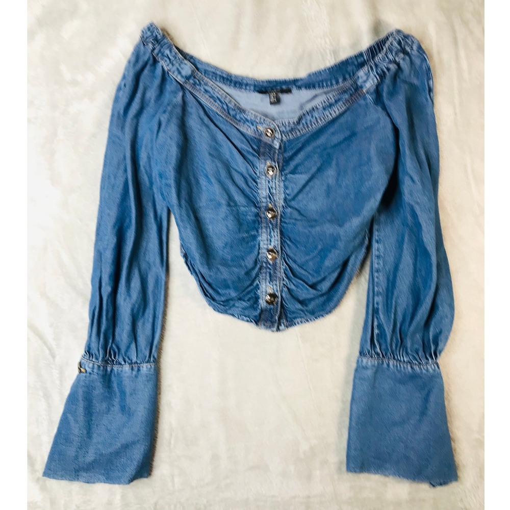 Studio F Off the Shoulder Top Women Medium Blue Ruched Button Front Rayon